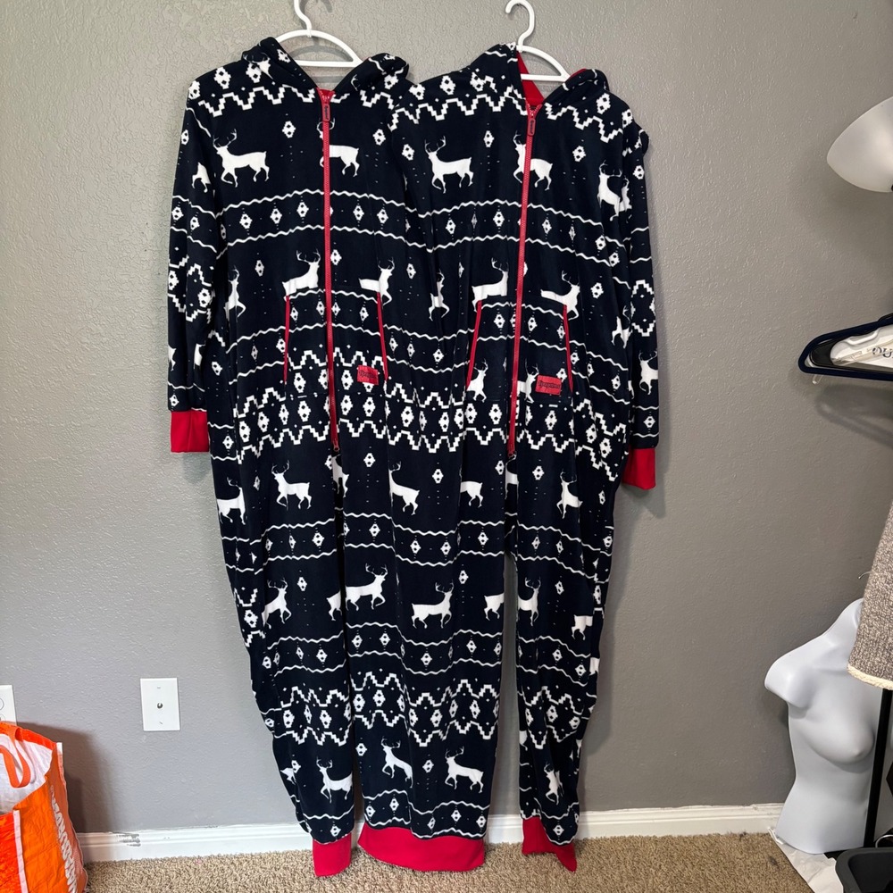 Tipsy Elves Two Person Holiday Jumpsuit Reindeer Fair Isle Navy Blue Red O/S